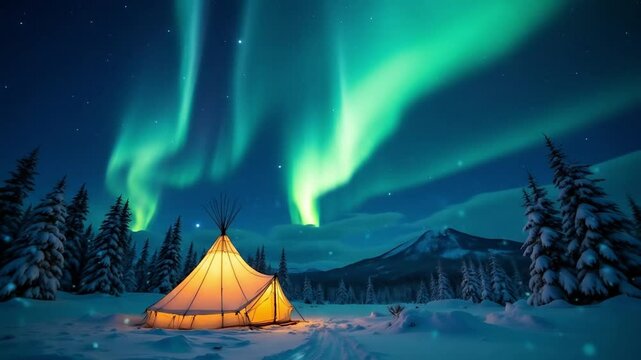 A timelapse of the aurora Northern lights above a Sami tent lavvu in Finland Arctic Circle