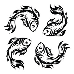 Four abstract decorative fish swim dynamically in a striking black and white pattern