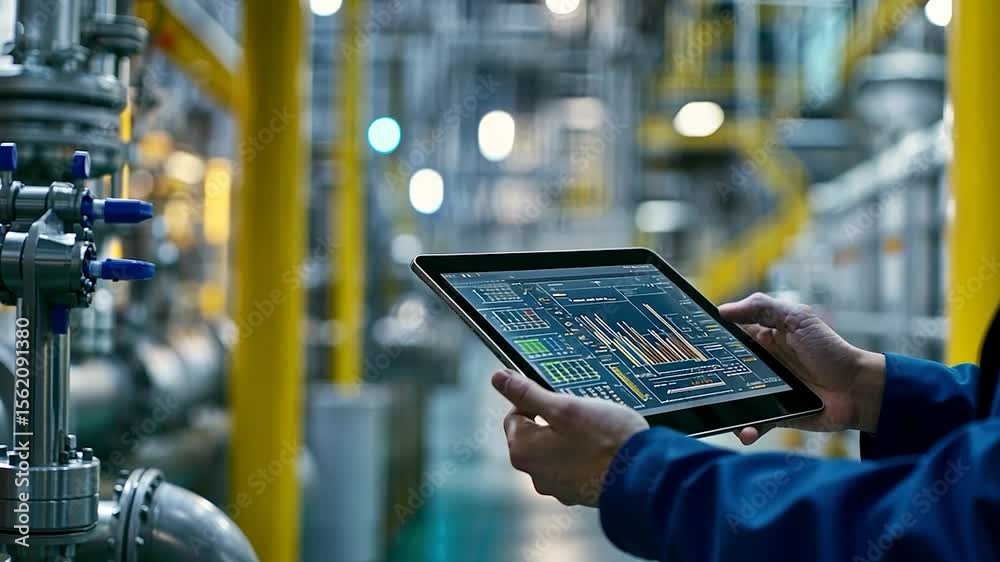 Poster Industrial worker using a tablet in a factory.