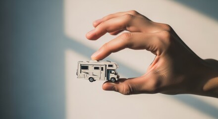 Tiny toy RV held between fingers, showcasing a miniature travel trailer with colorful details, perfect for themes of travel, wanderlust, and adventure