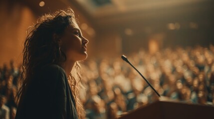 Woman Speaking at a Conference in a Packed Auditorium with Engaged Audience Listening
