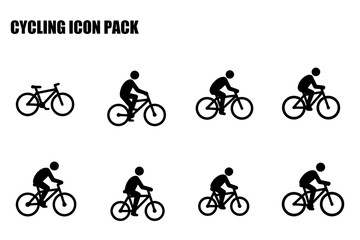 Obraz premium Cycling icons depicting various poses of people on bicycles. Simple black silhouettes of cyclists in various riding positions on bicycles.