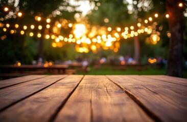 Wooden table in an outdoor setting with warm string lights hanging above, creating a cozy and festive atmosphere in a blurred garden background.