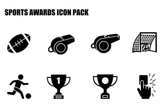 Sports awards icon pack showing various sports equipment and actions. Simple black and white vector illustrations of sports equipment and actions with a white background.