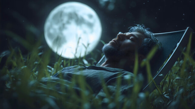 A man who has decided to enjoy the moonlight in nature, lying on a lounge chair and relaxing.