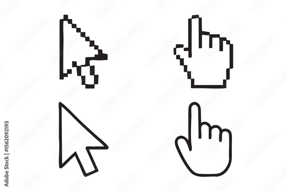 Fototapete four different cursor icons pixelated arrow pixelated hand smooth arrow and smooth hand