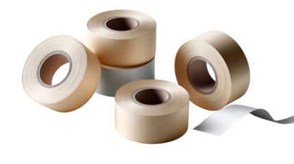 Kraft Paper Tape Rolls: Close-up shot of several rolls of kraft paper tape, showcasing their texture and color.  One roll is partially unwrapped, highlighting the tape's unwinding characteristic.