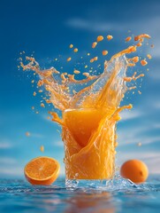 Orange juice splashing from a glass with fresh orange halves on a vibrant blue background