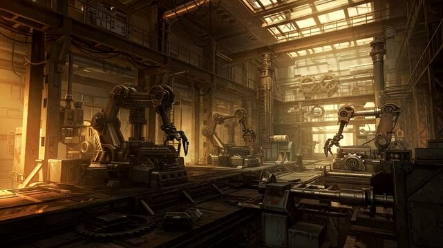 Industrial steampunk workshop with automated machinery