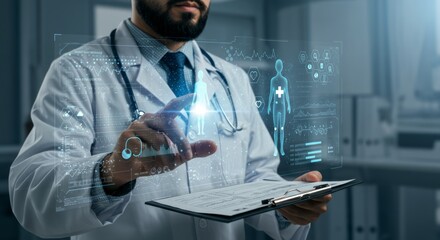 Doctor interacting with holographic medical data overlay