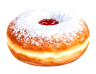 Delightful Donut: A close-up image showcasing a scrumptious donut, generously dusted with powdered sugar and filled with a vibrant red jelly center, a delectable treat.