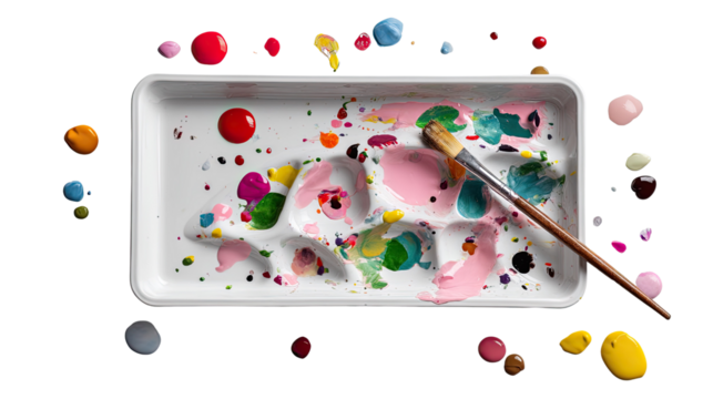 Palette's Colorful Chaos: Vivid paints, artful mess of a painter's palette with scattered blobs and paintbrush, sparking creativity.
