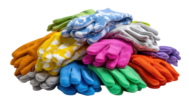 Gloves: A vibrant assortment of colorful gloves are stacked. The different colored and patterned gloves represent a diverse selection for varied uses. 