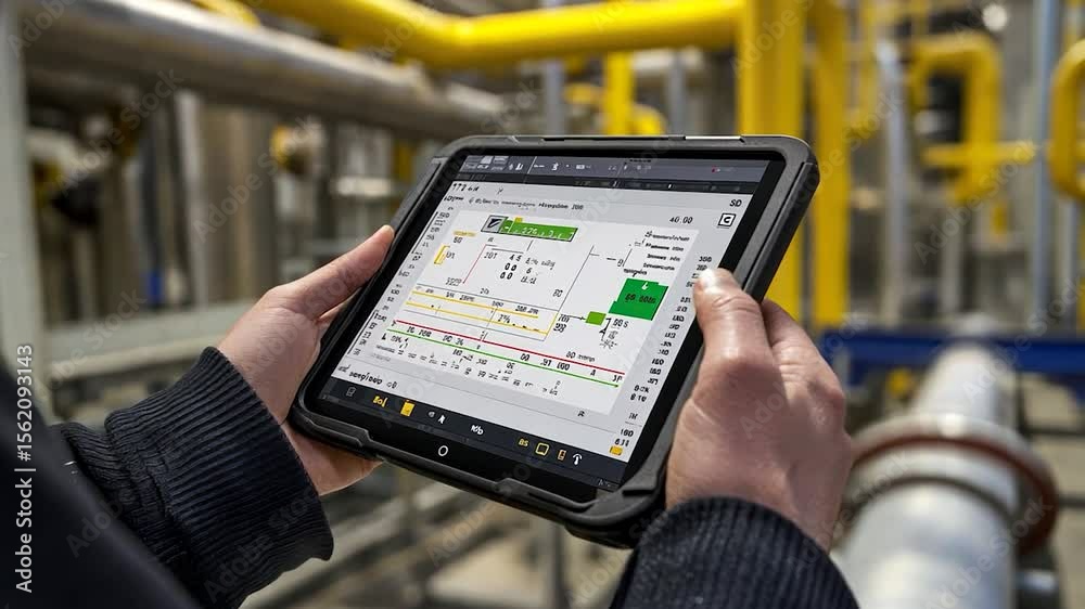 Poster Person holding a tablet displaying industrial process monitoring software.