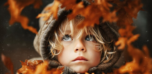 Fototapeta premium Child looking up thoughtfully, warm autumn bokeh background with golden orange fall leaves creating dreamy atmospheric portrait.