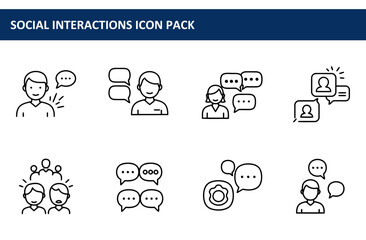 Line art illustrations of social interactions in various scenarios. Social interactions, including individual and group communication, displayed in a simple, modern style.