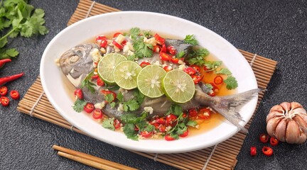 Thai steamed fish served with a bright, punchy  with lots of lime, garlic, chillies, fish sauce and other fragrant aromatics.