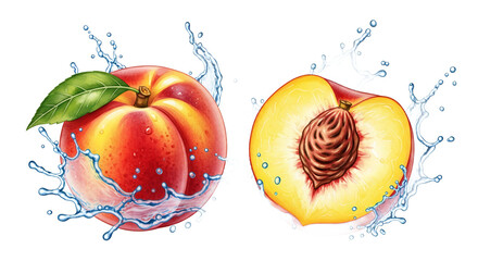 Peaches splash, colorful illustration, juicy fruits, vibrant background, copy space
