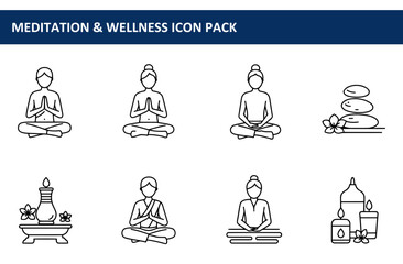 Line art illustration of diverse individuals practicing meditation/yoga poses in various wellness settings. Individuals in various seated postures, demonstrating calmness and focus.