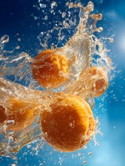 Oranges Splashing in Water Against a Blue Background
