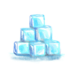 Blue ice cubes isolated crayon cartoon illustration