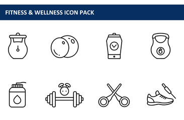 Fitness and wellness icon pack showcasing diverse fitness equipment. Simple line art illustrations for fitness and wellness applications.