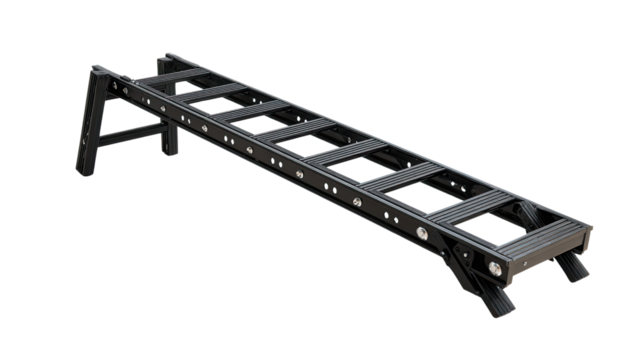 Black Metallic Ramp: A high-angle, full-frame studio shot captures a sturdy, industrial-grade metallic ramp set against an isolated backdrop, highlighting its strong build and practical design.