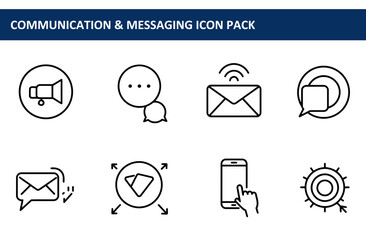 Communication & Messaging Icon Pack. Collection of simple, black and white line icons for various communication methods. General icons for a wide variety of apps and uses.