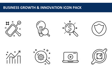 Business growth and innovation line icons depicting various concepts, such as idea generation, financial analysis, protection, and optimization. A collection of simple, clean icons.