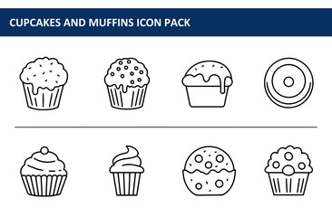 Cupcake and muffin icons in a simple line art style. Collection of various pastries presented in a flat design for bakery product icons.