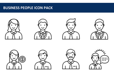 Business people icons in professional attire, diverse in age and gender, with neutral expressions.