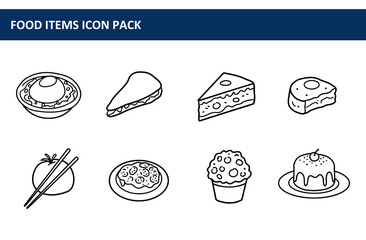 Food items icons in a variety of styles. Simple line drawings of various food items, including soup, sandwich, cake, and desserts.