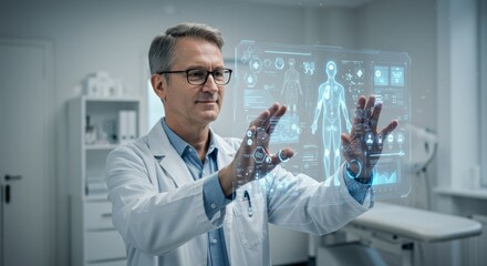 Doctor interacts with futuristic holographic medical interface in clinic