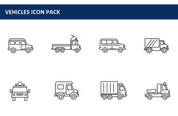 Line art illustrations of various vehicles in different configurations. Collection of diverse vehicle types with detailed profiles.