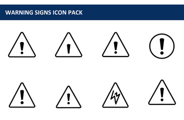 Warning signs icon pack showcasing various hazard symbols. Collection of different warning signs in various shapes and with different symbols, displaying caution.