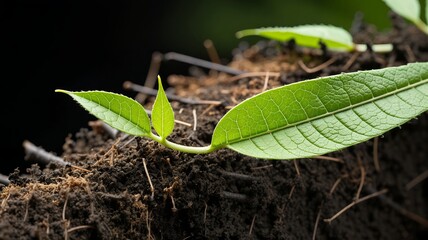 Green plant leaves sprout from rich dark soil surface