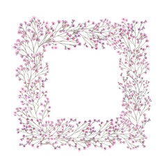 Romantic square watercolor frame with delicate pink gypsophila flowers isolated background. Hand painted baby breath flowers border with text empty space. For wedding invitation, love note, stationery