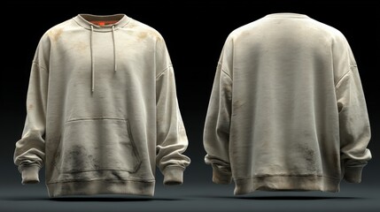 Worn-out grey sweatshirt displayed from front and back against a dark gradient background