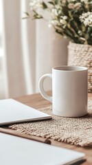 Cozy Workspace White Mug, Notebook, and Pencil on Burlap Mat with Floral Background