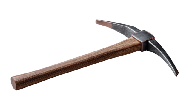The Precision Pickaxe: A detailed studio shot showcases a classic pickaxe, its sturdy wooden handle contrasting with the gleaming, sharp metal head. A symbol of industry, labor, and craftsmanship. 
