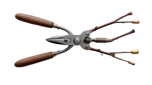Pruning Tool & Branches: A close-up shot of a vintage pruning tool, its handles a warm brown. Small branches extend, a testament to their intended usage