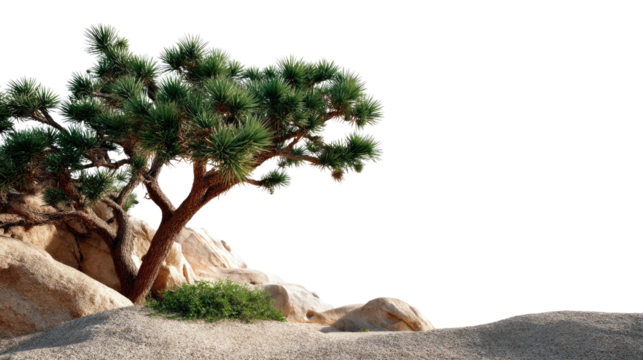 Joshua Tree on Rocky Hillside: A resilient Joshua tree stands tall amidst a rugged, rocky hillside, its branches reaching towards the sky, showcasing the beauty of desert flora.