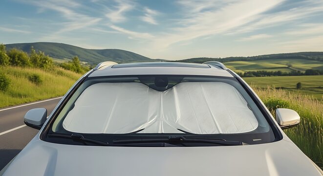 Car Windshield Sunshade Protecting Vehicle on Road Trip
