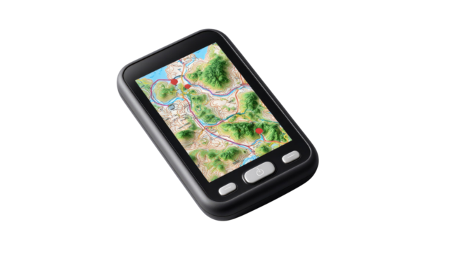 GPS Navigation Device: A sleek, portable GPS navigation device displays a detailed topographic map, perfect for outdoor adventures or everyday navigation.