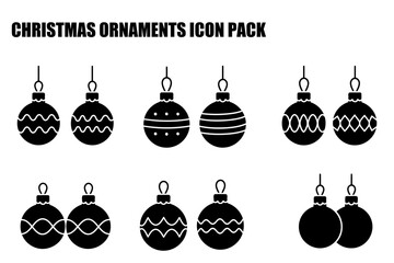Christmas ornament icons in various designs displayed on a white background. Simple, stylized representations of hanging Christmas balls with different patterns for a holiday-themed graphic resource.