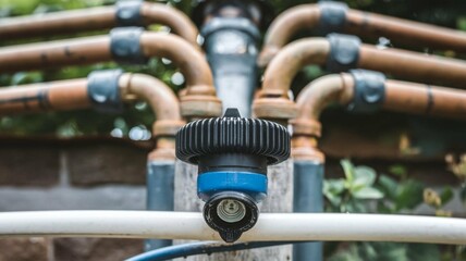A close-up shot of the water supply pipe, accompanied by its branches, and a blue/black loose-fitting garden spigot with an electrical connection in front of it, attached to a white plastic tube