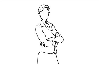 Portrait of beautiful young business woman standing while smiling looking at camera in the office. Continuous Line. line icon-continuous line drawing.