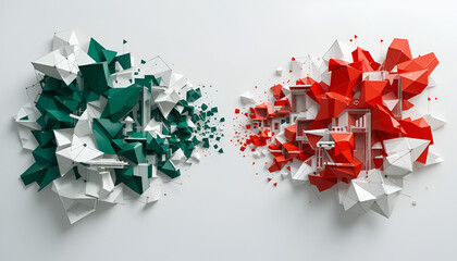 Abstract political and national concept showing shattered geometric forms in the colors of Pakistan and China flags colliding, symbolizing international relations, cooperation, conflict, or strategic 