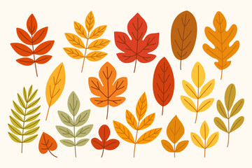 Cute Autumn Leaf Clipart Set – Yellow, Red, Green and Orange Fall Leaves from Oak, Maple, and Chestnut Trees for Cozy Autumn Projects and Design Use