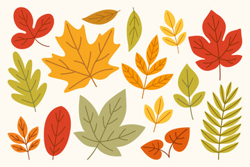 Autumn Foliage Set – Flat Illustration of Hand Drawn Leaves in Fall Colors, Ideal for Pattern Making, Seasonal Promotions, and Autumn-Themed Cards